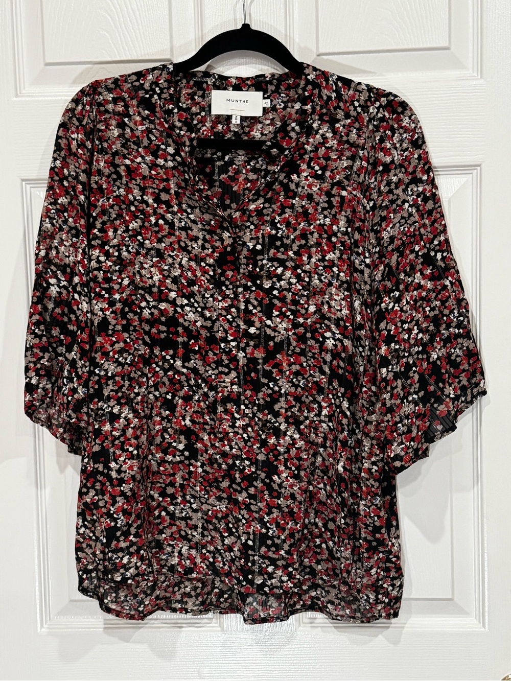 Like New - Munthe, Black, Red & White Floral Blouse with gold accent thread